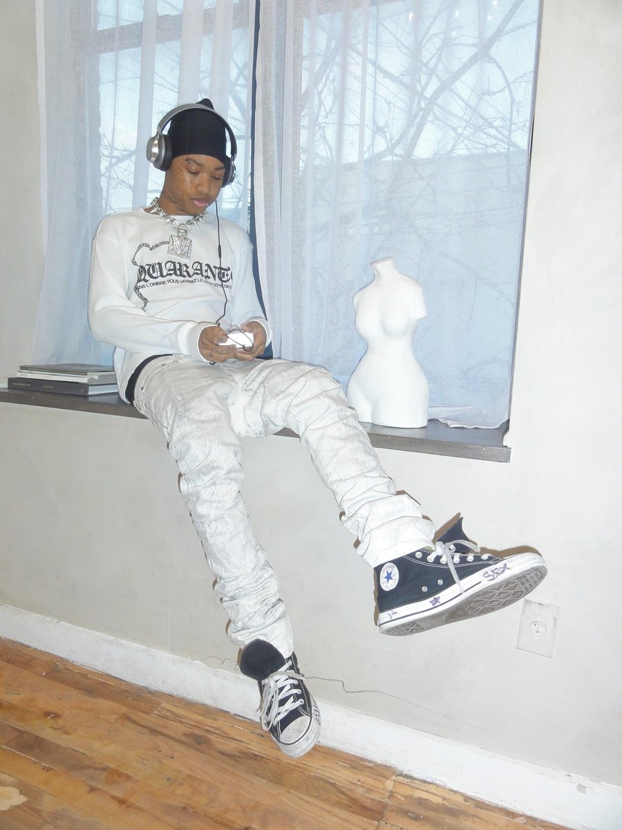 BabyGothK Quarante collection photoshoot, beanie and cup