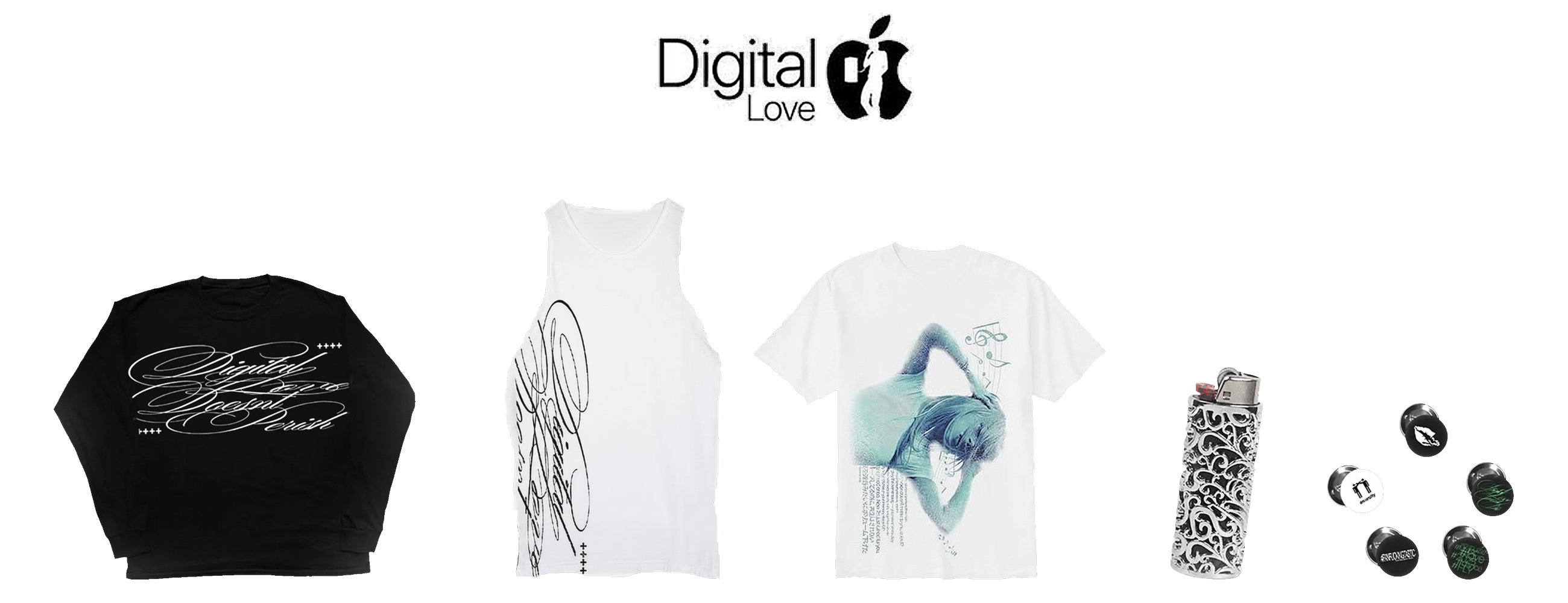 Digital Love collection flatlay of tees, pins, and lighter case